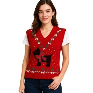 Sweater Loft Women Sweater Vest Vintage Red Scottie Dog Christmas Knit USA L